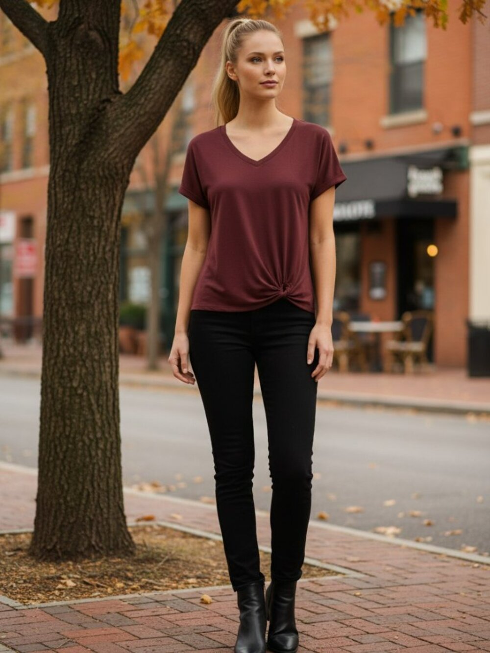 NIC+ZOE Burgundy Short Sleeve Knot-Front V-Neck Top XS